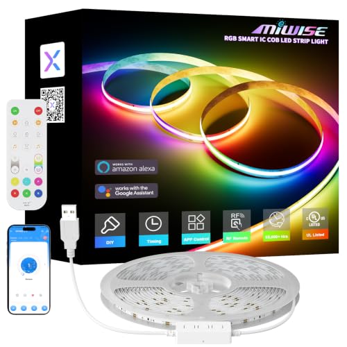 Image of MIWISE RGB Smart IC COB LED Strip Lights Chasing Color, USB LED Strip Light Addressable, Rainbow Effect with Music Sync, App Control, Compatible with Alexa and Google for TV, Bedroom, Cabinet, 9.84ft