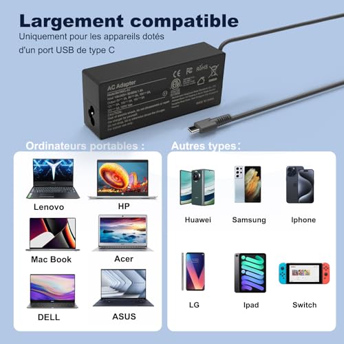 Chargeur Ordinateur USB C 100W Universel Portable pour Lenovo ThinkPad/Yoga MacBook Pro/Air HP Spectre Dell Latitude ASUS Acer Huawei MateBook LG Samsung et Tous Les 100 Watt Type C PC Adaptateur – vue 7