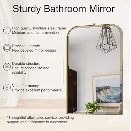 POZINO Brushed Gold Beveled Mirror, 20"x30" Bathroom Vanity Mirror with Stainless Steel Frame, Modern Rectangle Aesthetic Wall Mirrors for Entryway Hallway Bedroom Living Room Fireplace — view 3