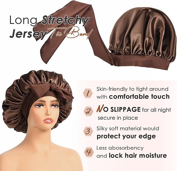 Image of Silk Bonnet for Hair with 3 Scrunchies, Adjustable Hair Cap for Sleeping, Bonnet for Curly Hair with Wide Elastic Tie Band
