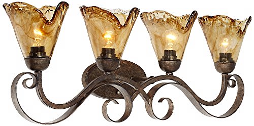 Image of Franklin Iron Works Amber Scroll Rustic Vintage Wall Mount Light Golden Bronze Silver Metal 29 1 /2 inch Wide 4-Light Vanity Fixture Organic Art Glass Shades Decor for Bathroom Over Mirror House Home