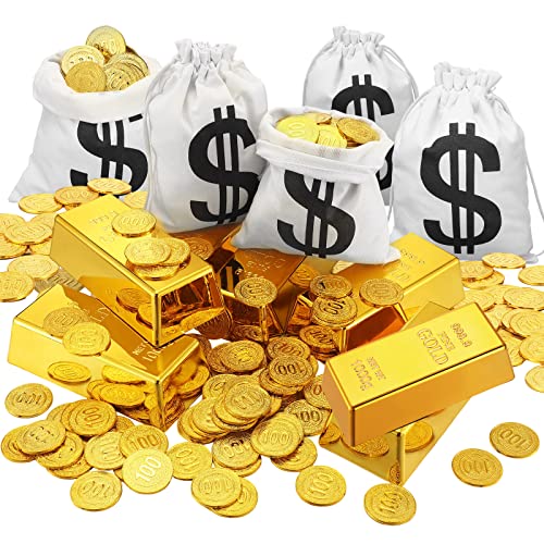 Liliful 112 Pcs Fake gold bar Set, 6 Replica Brick Bullion Glittering Movie Props, 6 Dollar Sign Canvas Money Bags, 100 Plastic Gold Play Coins for Halloween Pirate Costume Party Treasure Hunt Game