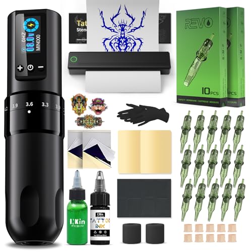 INKin Tattoo Maschine Set, Kabelloser Tätowiermaschine mit Verstellbare Anschläg und 1600mAh Batterien, Tattoo Zubehör Set Komplett mit Tattoo Drucker Bluetooth,Stencil Stuff,Tattoo Farbe und Nadeln