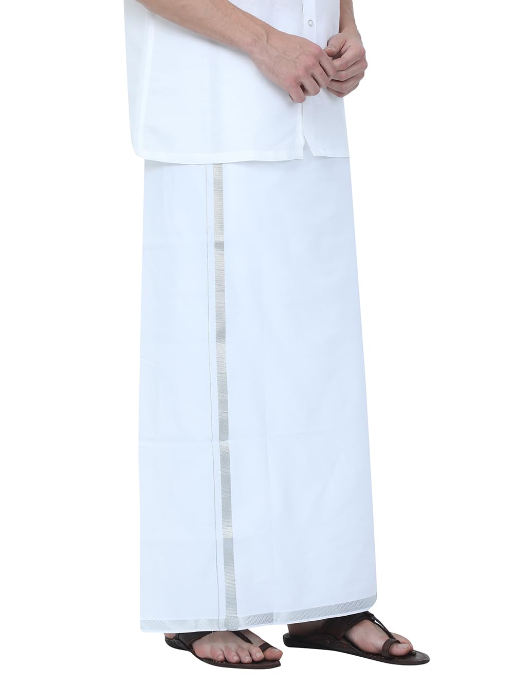 All Size Adjustable Velcro White Cotton Pocket Dhoti with Silver Jari Border for Men (28 to 44 Inches)-picture-21