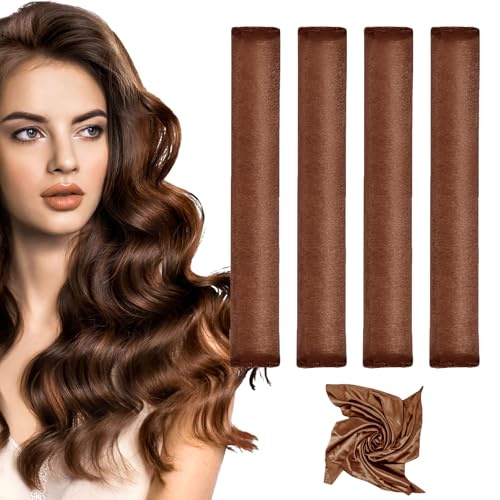 Heatless Curlers, Heatless Curls Overnight Set for Women, Soft Hair Curlers to Sleep In, Jumbo No Heat Hair Curlers Set with Headscarf and Hook for Long Hair (DarkBrown, 4 Packs)