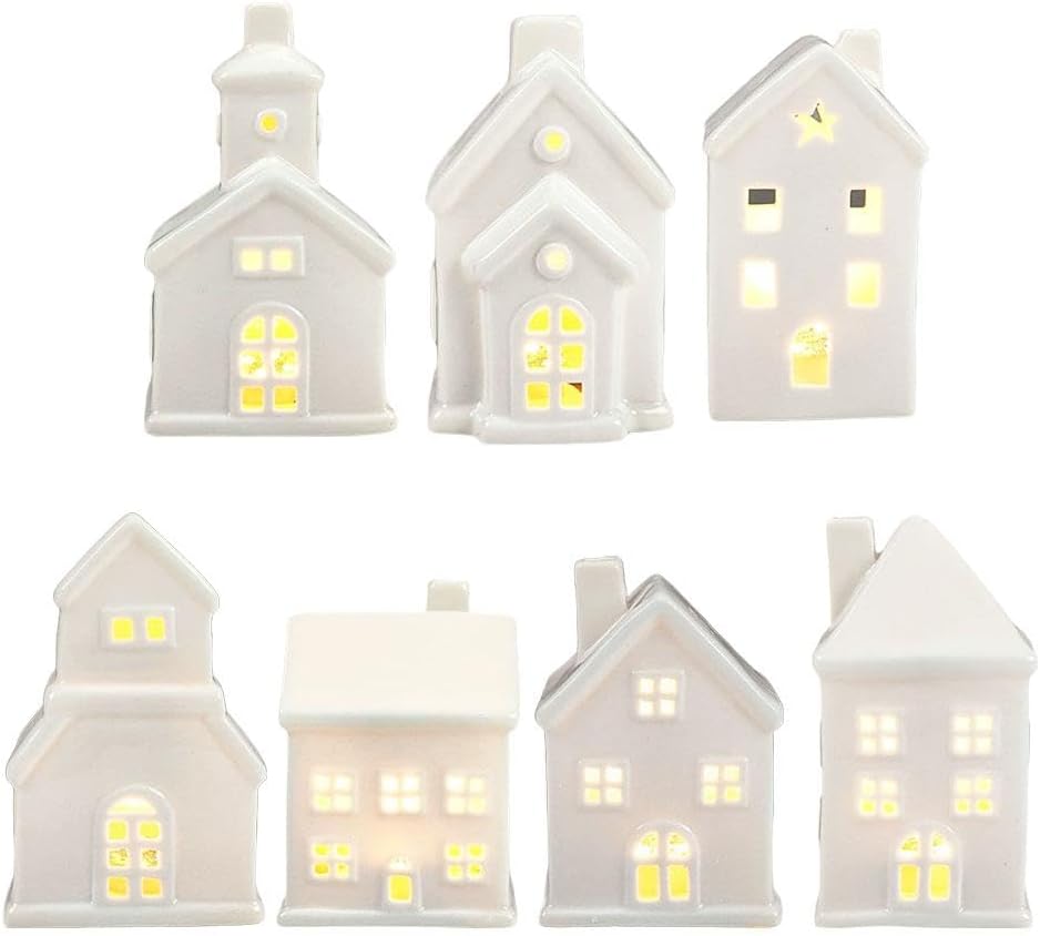 Christmas Decorations - Christmas Village Sets,White Ceramic C-hristmas Village House Porcelain LED Light Up House for Decor Home Table Display,White Farmhouse Tabletop Decoration