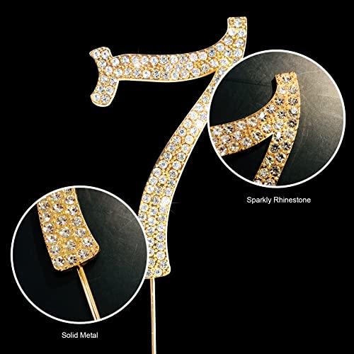 Number Cake Topper 7, Uniideco Gold Rhinestone Premium Metal Bling Bling Cake Decor, Sparkly Happy Birthday Wedding Anniversary Party Decoration Centerpiece (Gold, 7) #TOP2