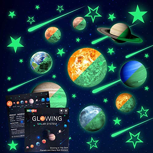 Glow in The Dark Stars and Planets, Bright Solar System Wall Stickers -Sun Earth Mars,Stars,Shooting Stars and so on,9 Glowing Ceiling Decals for Bedroom Living Room,Shining Space Decoration for Kids