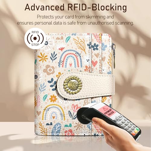 Image of Kelvoris Rainbow Flower Floral Small Rfid Women Wallet Zipper Coin Pocket | Bifold PU Leather Compact Cash Credit Card Holder Travel Purse for Female Ladies Teen Girls 1 ID Window 10 Card Slots