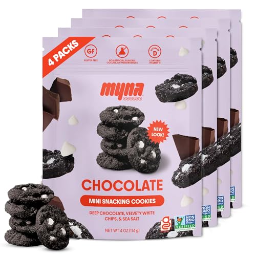Image of Myna Snacks Midnight Mini Snacking Cookies - Seed Oil Free Snacks - Gluten and Dairy Free Snack - Chocolate Cookies w /White Chips - Healthy Dessert - Sweet Cookie Bites, 16oz (Pack of Four, 4oz Bags)