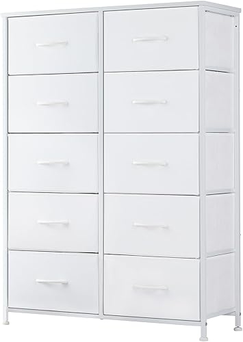 DUMOS Cómoda para dormitorio con 10 cajones, organizador de armario de tela, cómoda de tela con marco de metal y torre de almacenamiento de madera