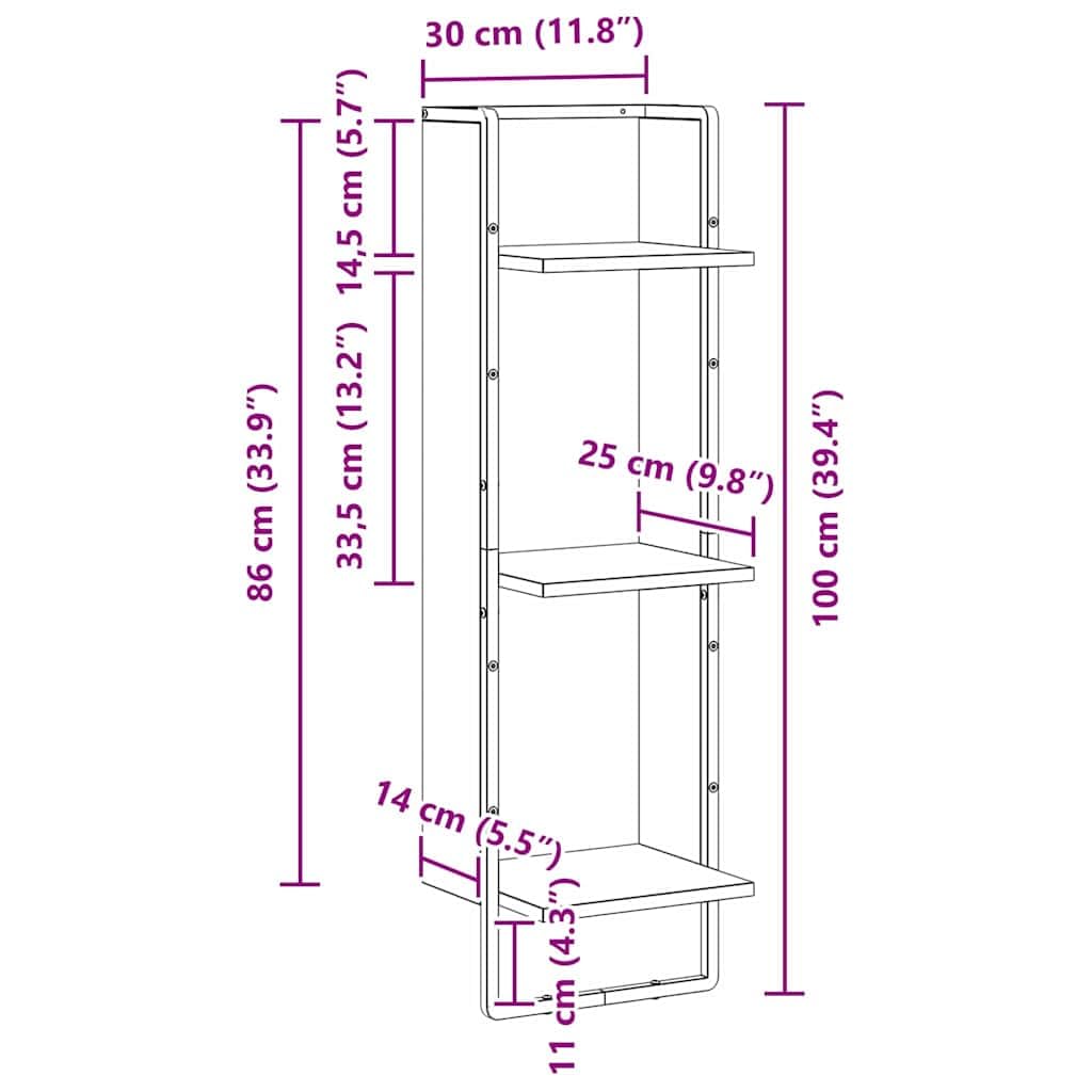 Estante de pared de pared de roble negro 30 x 25 x 100 cm, estante flotante con 3 baldas, sistema moderno de pared para salón, cocina, oficina, práctico estante de pared para montaje en pared