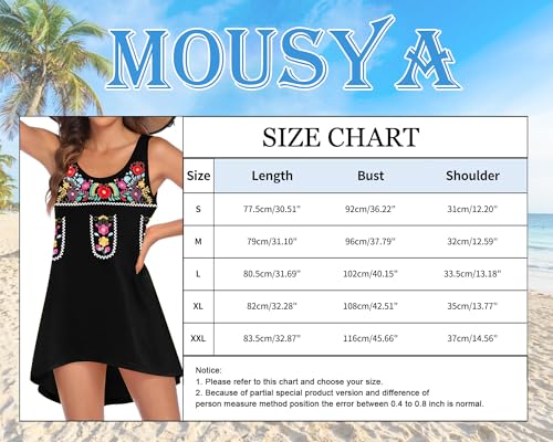 Image of MOUSYA Women Mexican Embroidered Dress for Women Summer Tank Boho Dress Casual Sleeveless Sundress Black