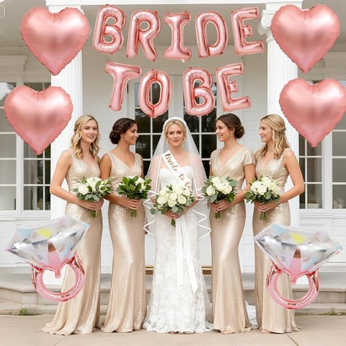 Image of Rose Gold Bachelorette Party Decorations, Rose Gold Bride to Be Banner Heart Balloon with Diamond Ring Foil Balloon, Bride to Be Sash&Veil for Bachelorette Engagement Gift Bridal Shower Party Supplies