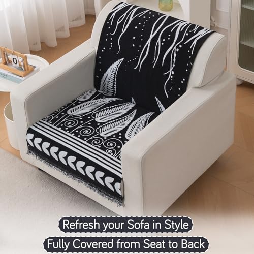 Image of HOKIPO Serene Abode Sofa Cover 1 Seater, 180x60 cm, Black Fern Tribal