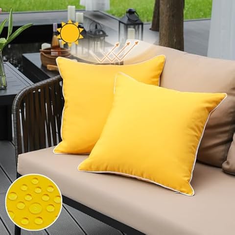 JOJOGOGO Mustard Yellow Outdoor Waterproof Throw Pillow Covers 20x20 Set of 2, Yellow Sun Fade Resistant Summer Outdoor Decor Pillows 20 x 20 for Patio Furniture and Couch (with White Piping) Cover