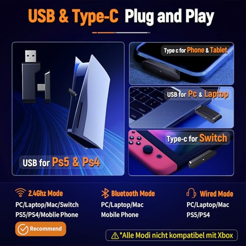 OW810 Gaming Headset, Type-C & USB Schnittstelle 2.4GHz Wireless Headset mit, Bluetooth Headset, Headset Mit Mikrofon Geräuschunterdrückung, für PC/PS4/PS5/Mac, 20H+ Akkulaufzeit - Weiß – Bild 6