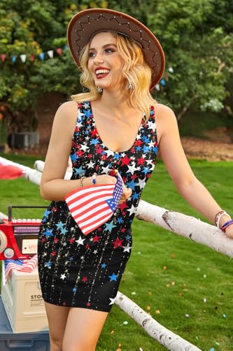 Image of For G and PL Women 4th of July American Flag Tank Dress Deep V Neck Stars Stripe Mini Patriotic Sleeveless Sundress