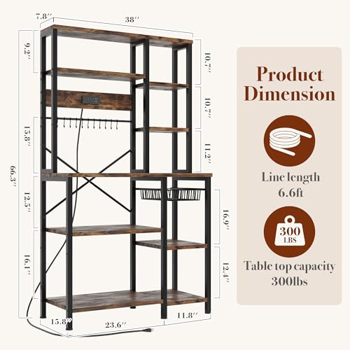 GRUSIGN Kitchen Bakers Rack with Storage, 6-Tier Coffee Bar Station with Power Outlet, Microwave Stand with 12 S-Shaped Hooks, Open Kitchen Storage Shelves for Spices, Pots and Pans, Rustic Brown - Image 4