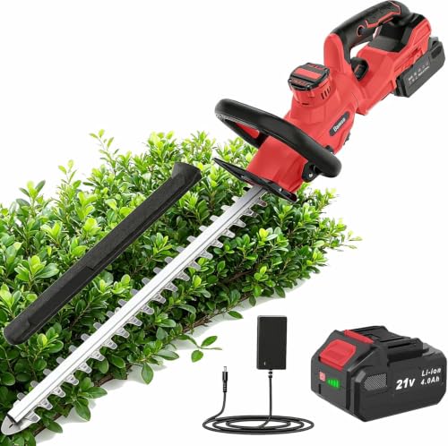 Cortasetos a Batería 21V con Batería de 4,0 Ah, Cuchilla de Doble Acción de 51 cm, Capacidad de Corte de 16 mm, Empuñadura Giratoria de 180°, Cortasetos Eléctrico sin Cable para Setos y Arbustos