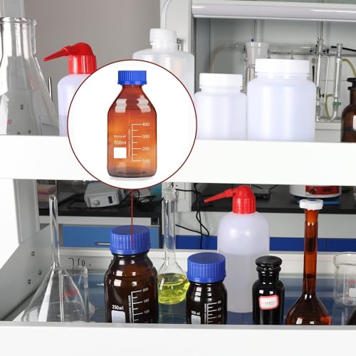 stonylab Storage Bottles with GL45 Screw Cap, 1000 ml Amber Borosilicate Glass Graduated Round Storage Bottle for Lab Reagent Media Storage Bottles with Blue Screw Cap, 1 Pack