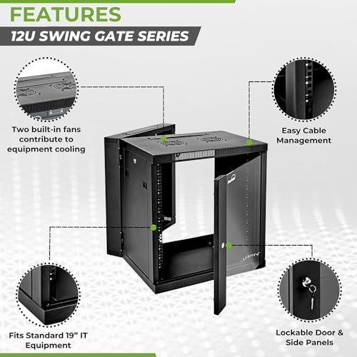 Image of NavePoint 12U Cabinet with Hinged Back - 21.6 inch Deep, Server Rack Enclosure with Locking Glass Door, Wall Mount Rack with Removable Side Panels, Network Cabinet with 2 Fans, Assembled