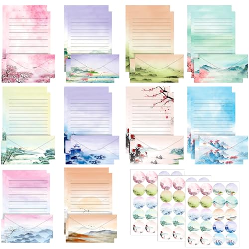 TaoBary 160 Pcs Stationery Paper Set 50 Double Sided Stationery Papers with 50 Matching Envelopes and 60 Round Dot Sticker, 10 Design(Ink Painting,8.5 x 11 Inch)