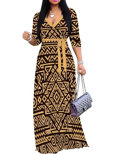 Image of PinkPatty Plus Size Maxi Dresses for Women Casual Flowy Long Dress 3 /4 Sleeve V Neck Wrap Dress with Belt