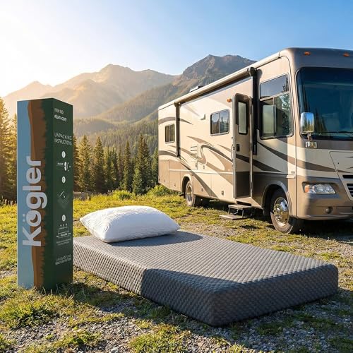 Kogler 7 Gel-Infused Memory Foam RV Mattress with Cloth Cover and Standard Pillow Compact Camper and Travel Trailer Bed Mattress for RV Bunks Firm Foam Support Compressed in a Box Gray 30x72x7