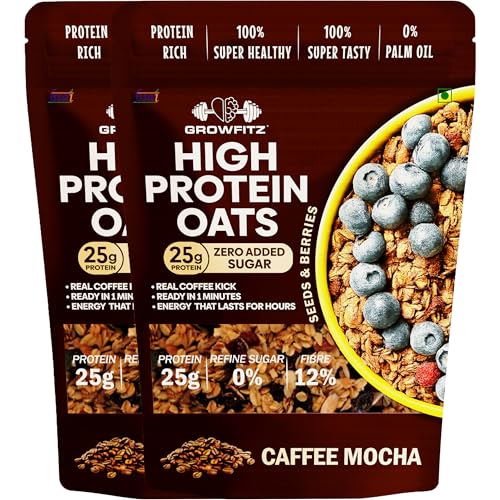 GrowFitz 25g High Protein Oats 800 Gram | Caffee Mocha Flavor Breakfast Oatmeal | 12g High Fiber, Almonds, Raisin, Pumpkin, Chia Seeds, Super Rolled Oats | Healthy Fats, No Added Sugar (Pack of 2)