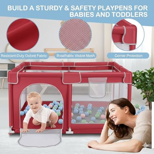 Image of Baby Playpen with Balls - Portable Play Yard with Mesh Panels for Safety & Visibility, Indoor /Outdoor Toddler Activity Fence for Boys & Girls (Red)
