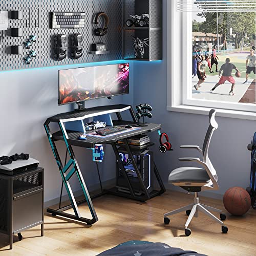 Motpk Gaming Desk With Storage Shelf 39 Inch, Computer Desk With Monitor Shelf, Gaming Table With Carbon Fiber Surface, Gamer Desk With Cup Holder & Headphone Hook, Gift For Boys Men, Black #TOP1