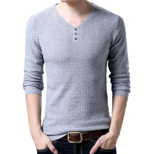 Men's Solid Color Casual V-Neck Button Stitching Slim Fit Simple Long Sleeve Sweater
