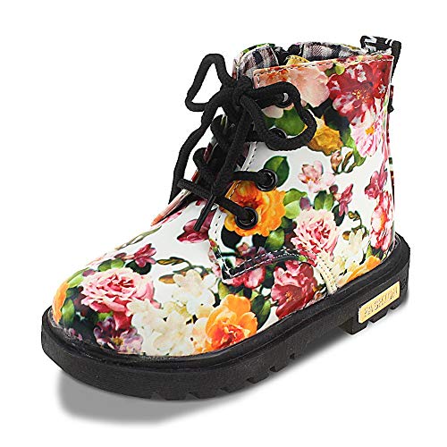Kid Girl's Floral Boots Lace Up Booties White Flower,Little Kid Size 12