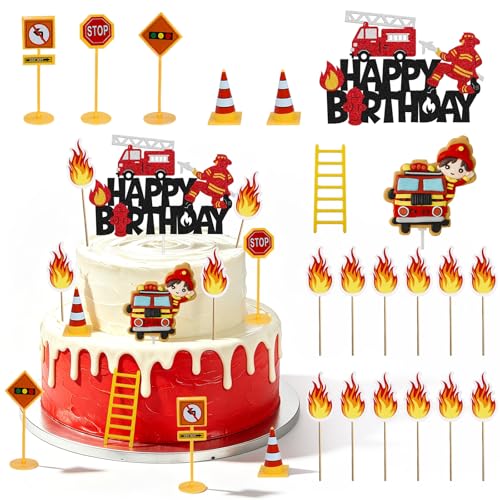 Decoraciones para Pasteles con Temática de Bomberos, CIYIN Adornos para Tartas de Camión de Bomberos, Cupcakes Deco, Decoración para Fiestas Infantiles Camiones Bomberos (B)
