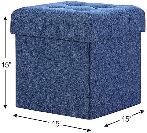 Ornavo Home Foldable Tufted Linen Storage Ottoman Square Cube Foot Rest Stool/Seat - 15" x 15" x 15" (Navy)