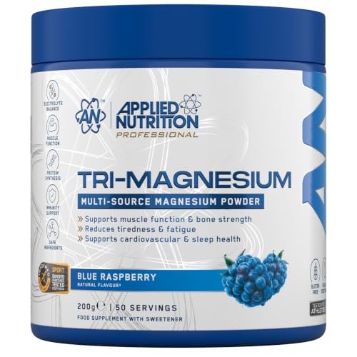 Applied Nutrition Tri-Magnesium Powder 3 in 1 - Magnesium Glycinate Supplements for Bone Muscle Nervous System Sleep Health - 300 mg per Serving (200g - 50 Servings) (Blue Raspberry)
