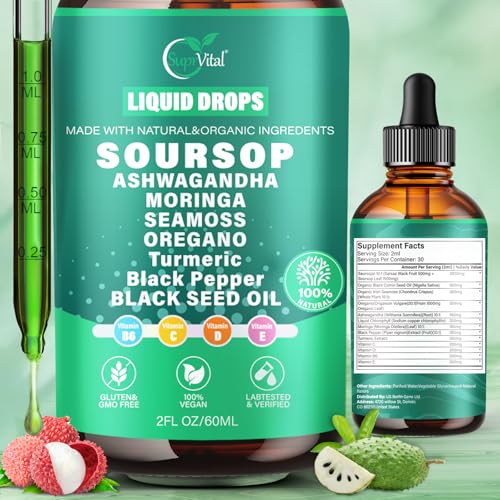 Image of VivoNu 10-in-1 Soursop Bitters Liquid Drops 3000mg, Soursop Drops with Ashwagandha* Black Seed Oil, Moringa, See Moss and Vitamins (2 Fl Oz (Bottle of 1))