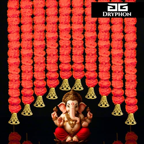 Image of Marigold Garlands Decoration with Bell, Artificial Flowers for Decorations Hanging Garlands for Home Decorations, Ganpati Decoration /Diwali Decoration for Home Decor- (Orange, Pack of 10)