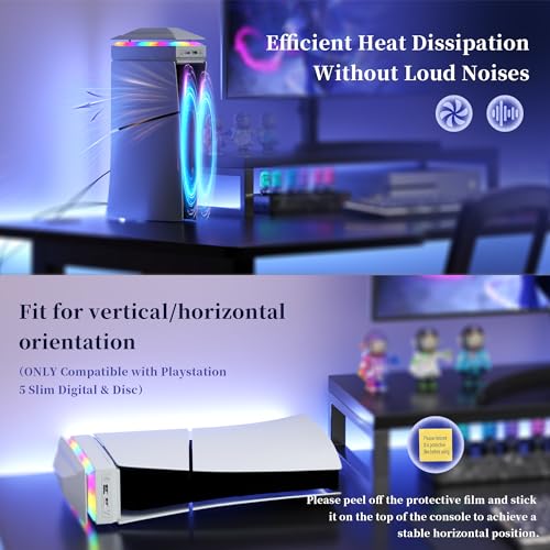 Image of JDGPOKOO Dustproof PS5 Slim Cooling Fan with 8 Modes Light, Upgraded Quiet Fan Compatible with Playstation 5 Slim Console(Digital /Disc) Accessories, Cooler Fan with 3 Adjustable Speed, 2 USB Ports