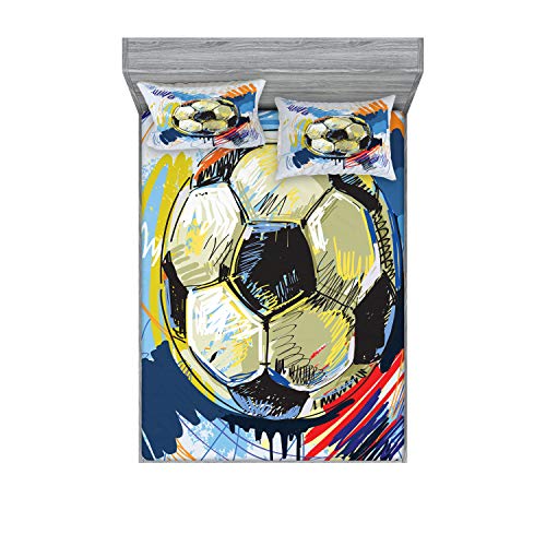 Ambesonne Soccer Fitted Sheet & Pillow Sham Set, Spherical Football Ball Illustration Colorful Distressed Details in Motion Art, Decorative Printed 3 Piece Bedding Decor Set, Calking, Grey Pink