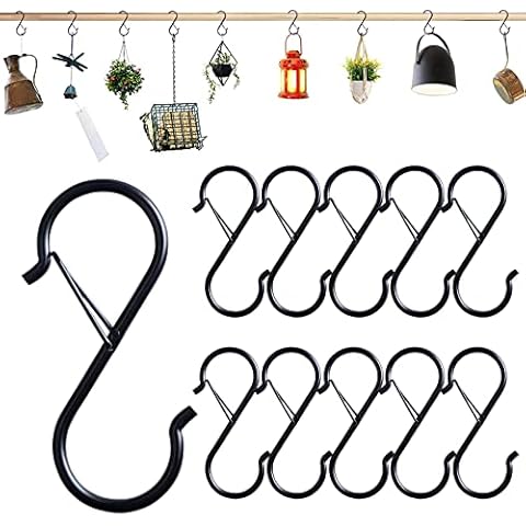 Baoswi 10 Pack S Hooks for Hanging Black S Hooks Heavy Duty Metal Hooks with Safety Buckle Design for Hanging Plants, Lights, Kitchenware, Pans, Pots, Utensils, Clothes, Towels Cover