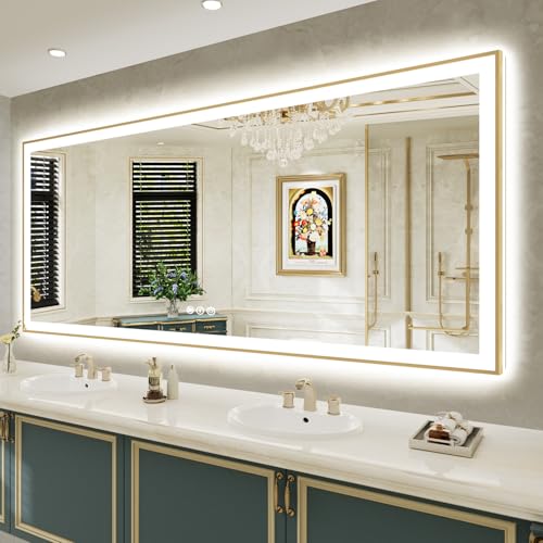 Image of 88x38 LED Bathroom Mirror with Lights, Gold Framed Lighted Mirror | Backlit and Front light, Anti-Fog, 3 Color Dimmable, Memory, Tempered Glass, IP54 Waterproof, UL Listed