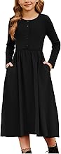 GRACE KARIN Girls' Long Sleeve Round Neck Casual Dress A-line Button Down Midi Dress