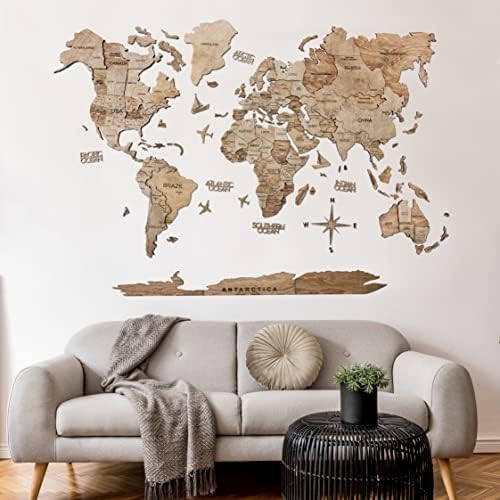 ENJOY THE WOOD 3D Wood World Map Wall Art Large Wood Wall Décor Housewarming Gift Idea Wood Wall Art World Travel Map For Home & Kitchen or Office (Large, Terra)