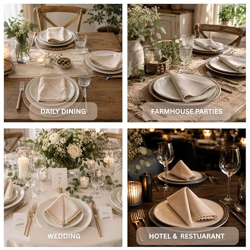 Image of FINGERCRAFT Cloth Napkins Set of 50, 20x20 Inch, Ivory Lace | Cotton Linen Blend Fabric, Decorative Trim Lace Edge, Mitered Corners, Reusable Washable, For Weddings & Banquets