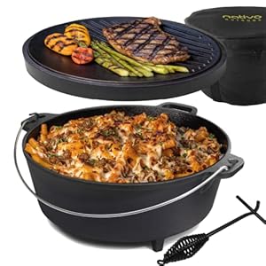 NATIVO 6QT Pre-Seasoned Outdoor Cast Iron Dutch Oven Pot with Multipurpose Lid, Dutch Oven for Camping and Outdoor Cooking using Fire and Coals, With Legs and Reversible Lid Grill