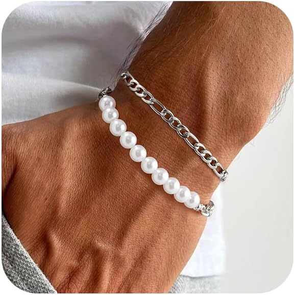 RANKEEF 2Pcs Mens Pearl Bracelet Sturdy Stainless Steel Mens Bracelet Silver Non Tarnish Adjustable Figaro Chain Bracelets for Men