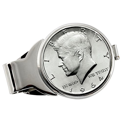 Coin Money Clip - JFK 1964 First Year of Issue Silver Half Dollar | Brass Moneyclip Layered in Silver-Tone Rhodium | Holds Currency, Credit Cards, Cash | Genuine Coin | Certificate of Authenticity