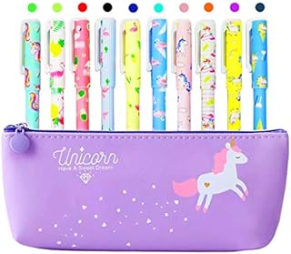 Unicorn Pencil Case with 10 Pcs Colorful Unicorn and Flamingo Pens for Girls Gift, Maomaoyu Cute Unicorn Colour Gel Pens Set Presents for 4 5 6 7 8 9 10 11 12 Years Old Girls, Purple
